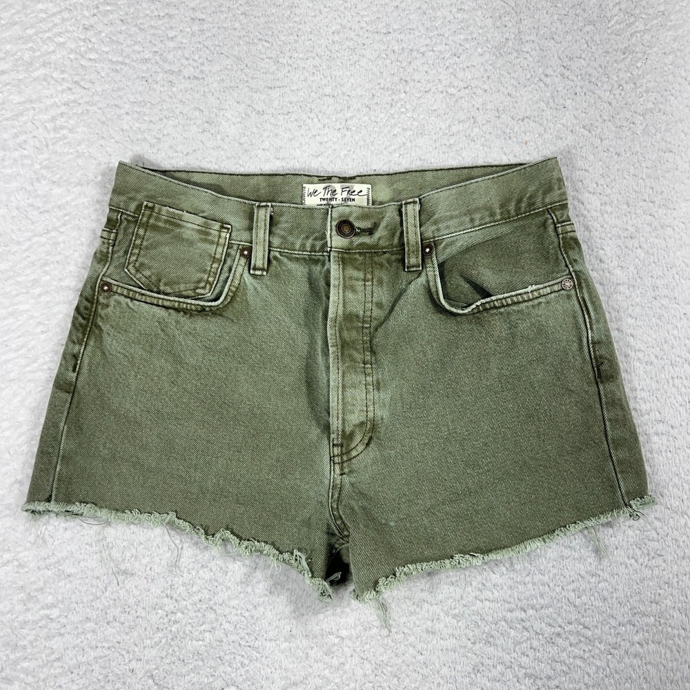 Free People We The Free Hi Rise Button Fly 27 (W30.5) Cut Off Shorts Women Green